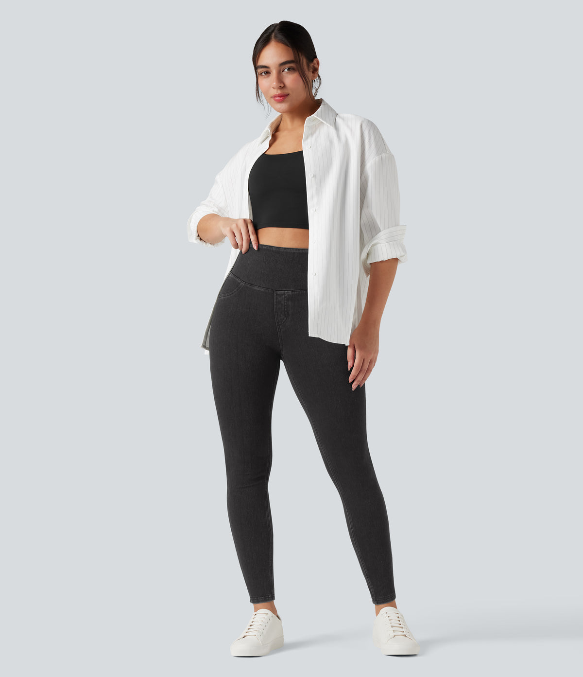 High Waisted Tummy Control Denim Casual Leggings with Pockets — Phantom Denim — view 6