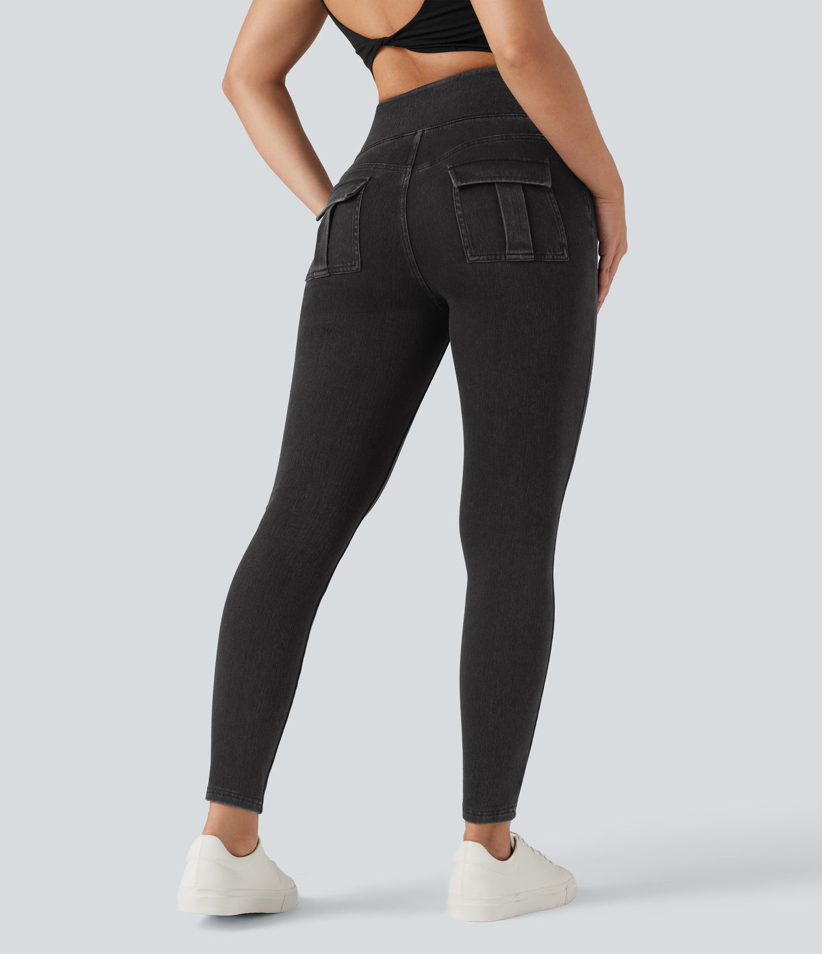 High Waisted Tummy Control Denim Casual Leggings with Pockets — Phantom Denim — view 2