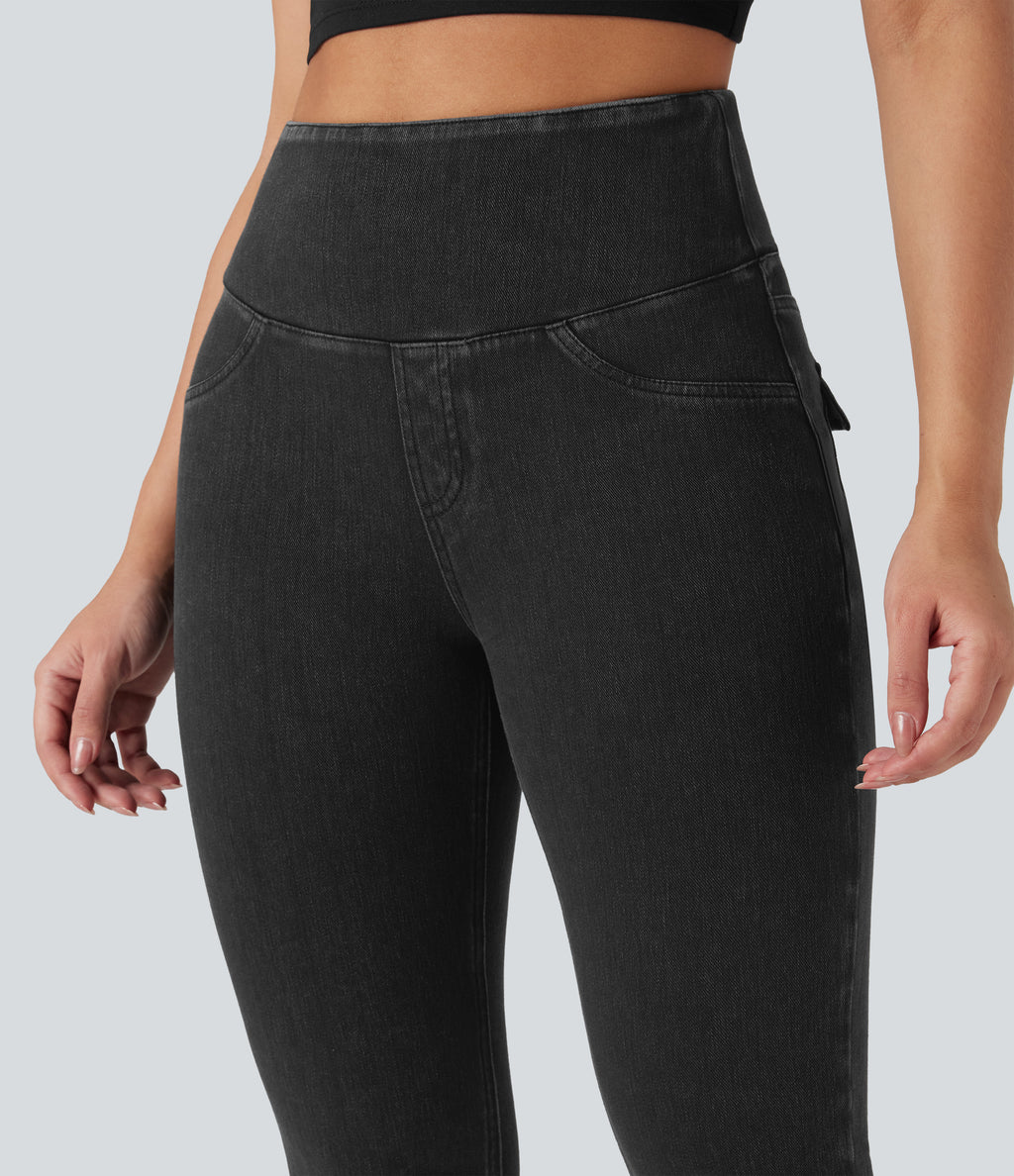 High Waisted Tummy Control Denim Casual Leggings with Pockets — Phantom Denim — view 4