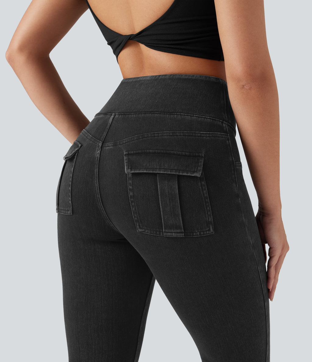 High Waisted Tummy Control Denim Casual Leggings with Pockets — Phantom Denim — view 5