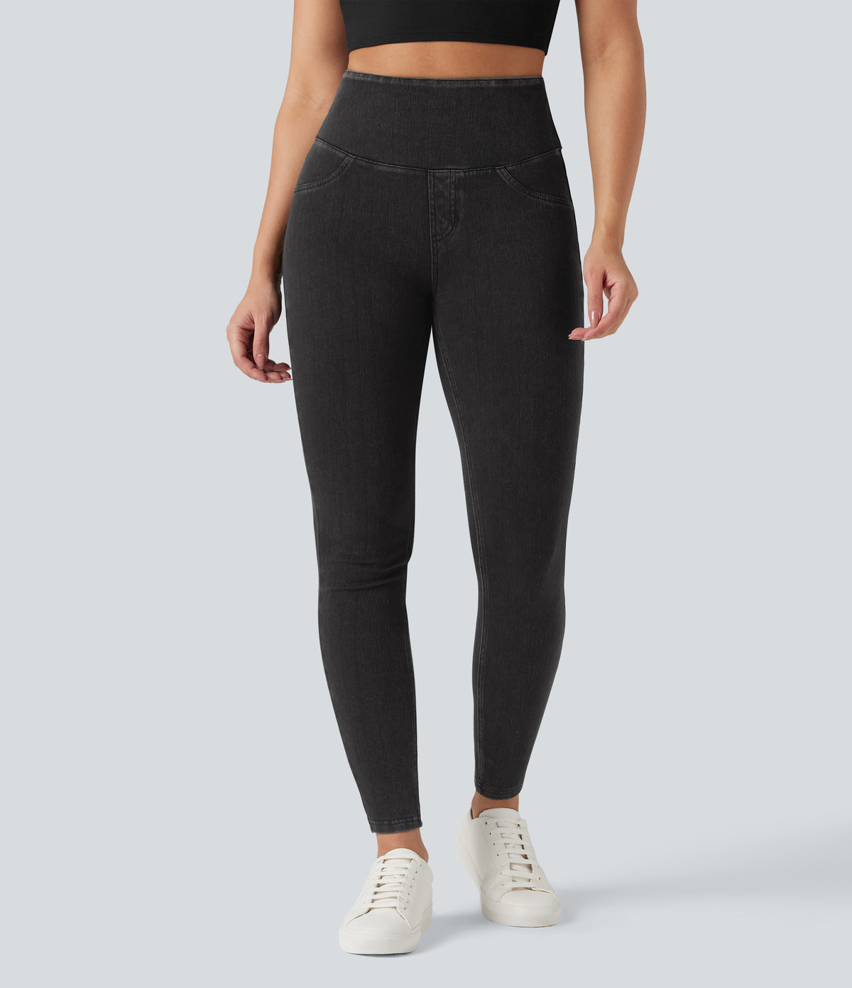 High Waisted Tummy Control Denim Casual Leggings with Pockets — Phantom Denim — view 3