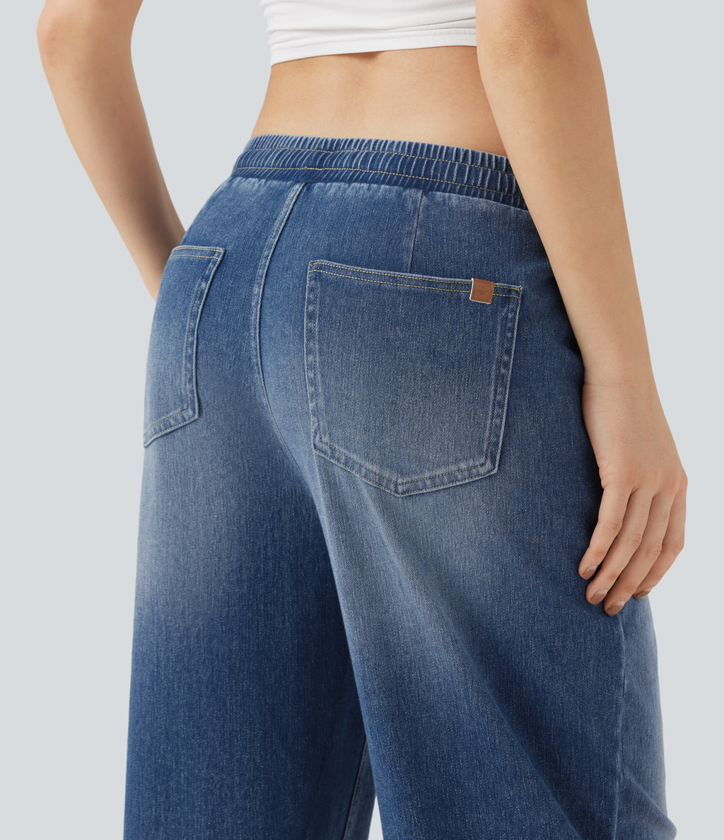 Low Rise Drawstring Casual Baggy Jogger Jeans with Pockets — Tide Blue Denim — view 5