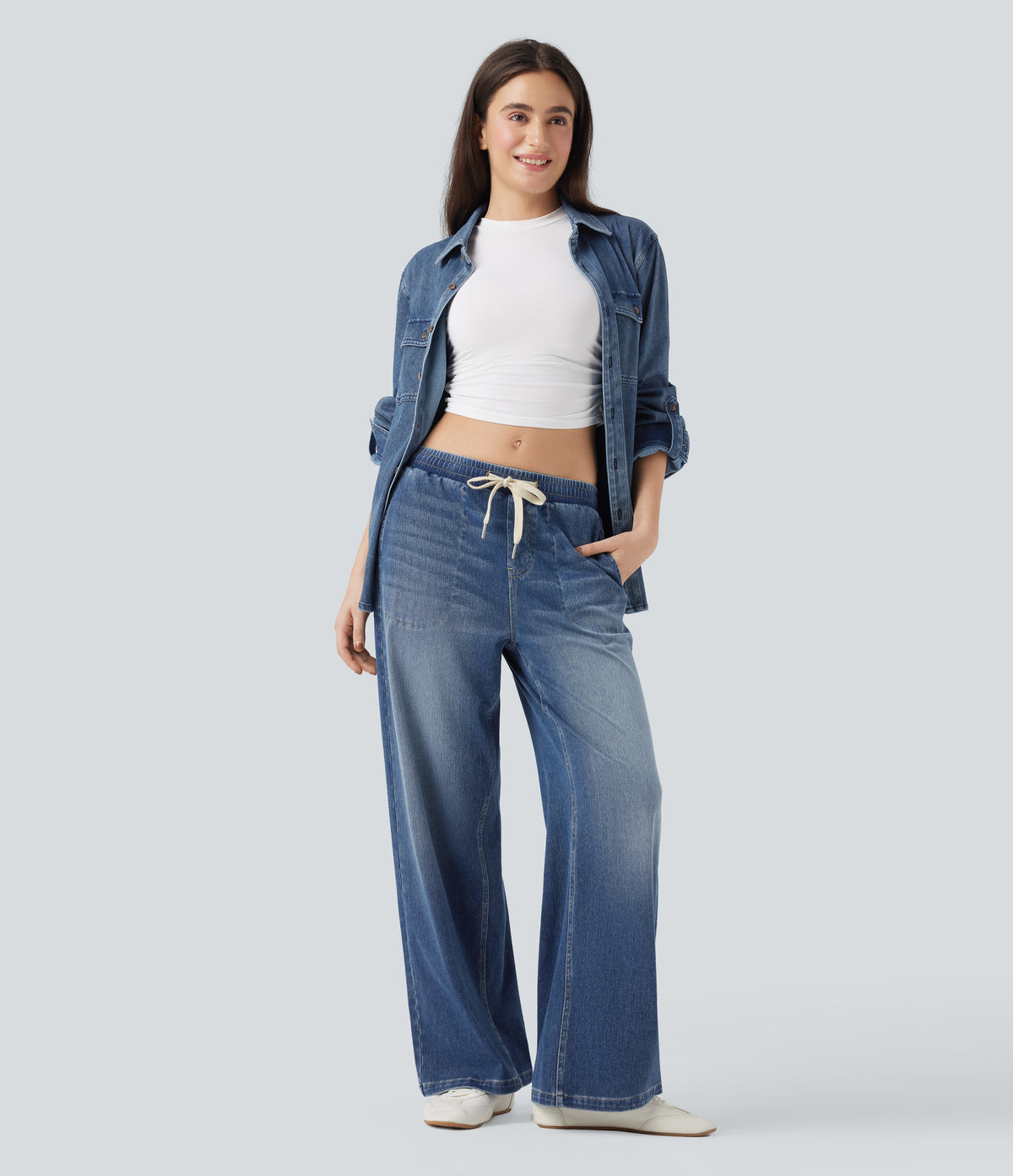 Low Rise Drawstring Casual Baggy Jogger Jeans with Pockets — Tide Blue Denim — view 6