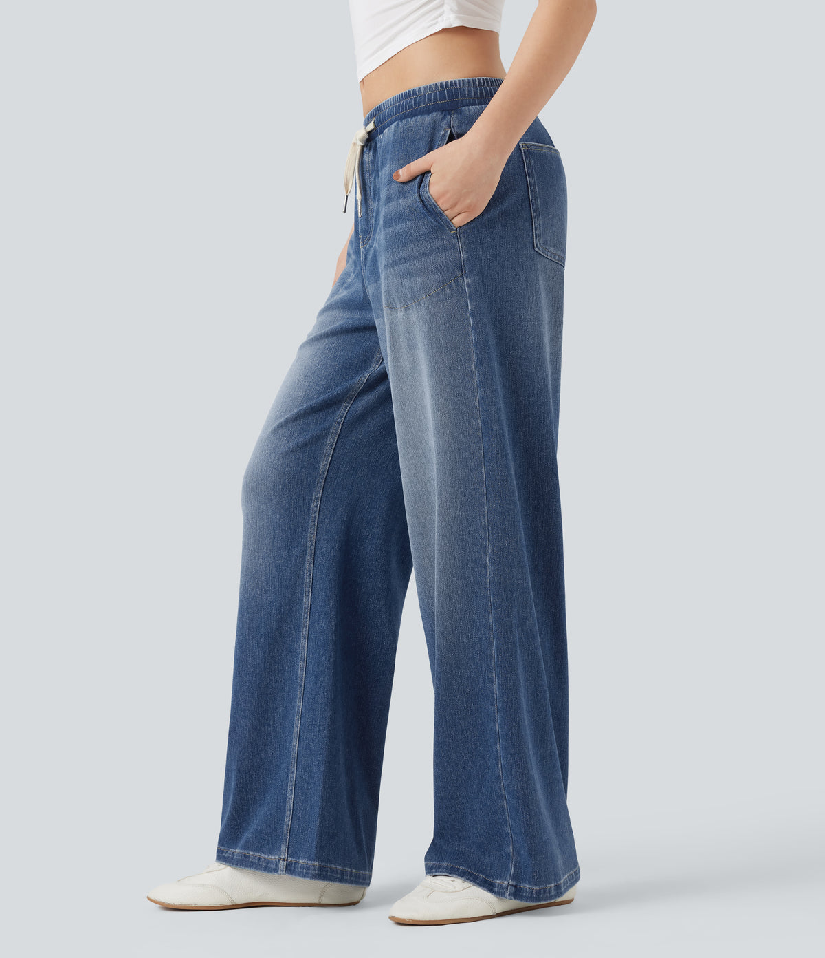 Low Rise Drawstring Casual Baggy Jogger Jeans with Pockets — Tide Blue Denim — view 3