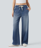 Low Rise Drawstring Casual Baggy Jogger Jeans with Pockets — Tide Blue Denim — view 1