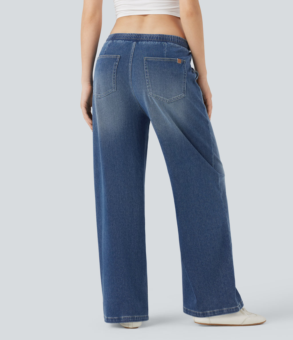 Low Rise Drawstring Casual Baggy Jogger Jeans with Pockets — Tide Blue Denim — view 2