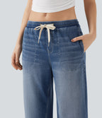 Low Rise Drawstring Casual Baggy Jogger Jeans with Pockets — Tide Blue Denim — view 4