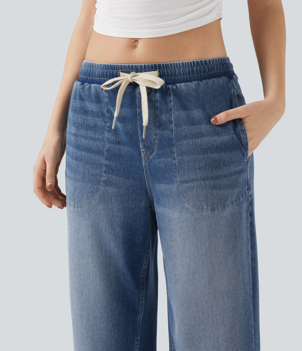 Low Rise Drawstring Casual Baggy Jogger Jeans with Pockets — Tide Blue Denim — view 4