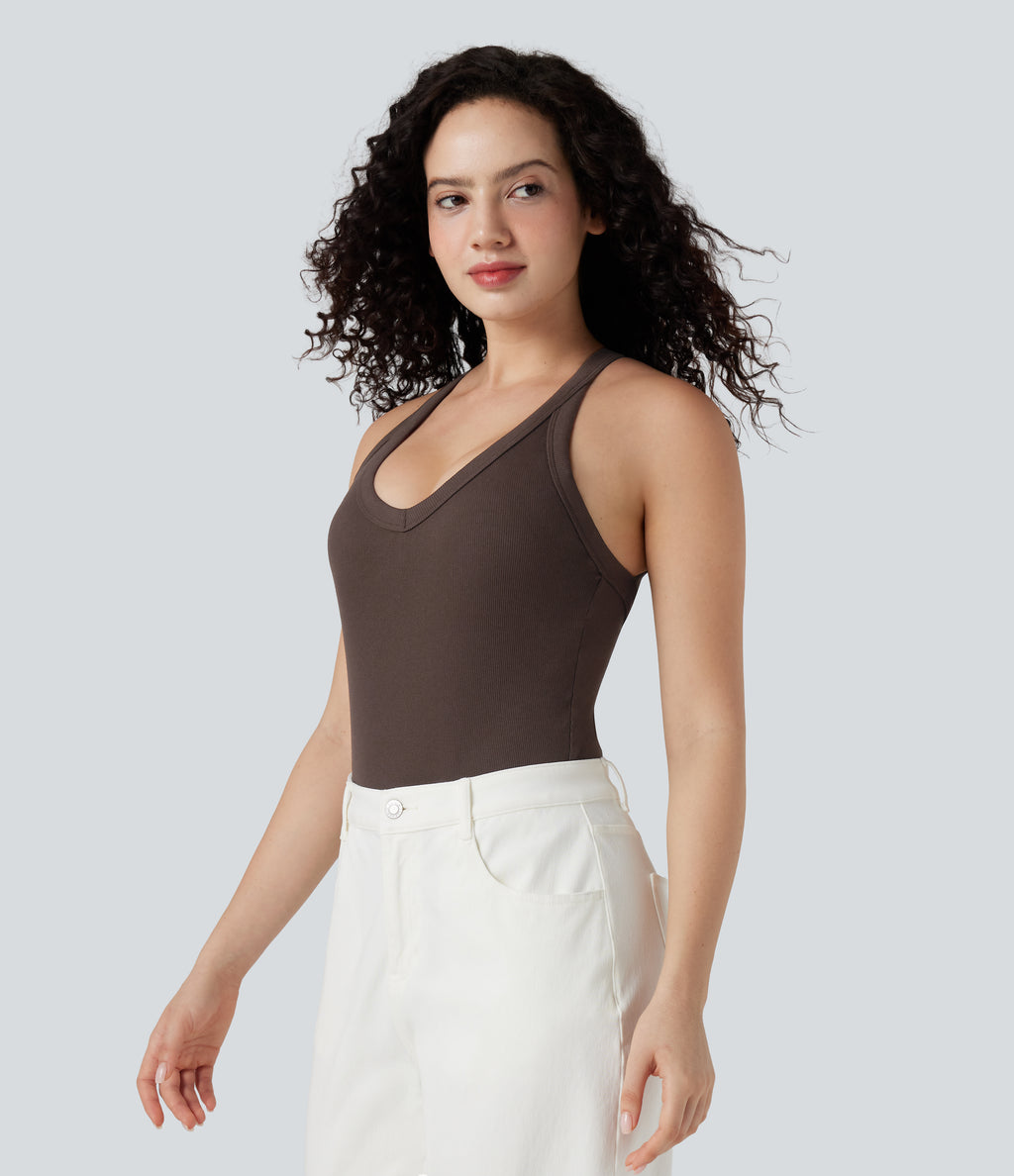 Ribbed Crisscross Back V-Neck Sleeveless Skinny Casual Bodysuit — Java — view 3