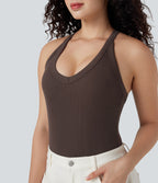 Ribbed Crisscross Back V-Neck Sleeveless Skinny Casual Bodysuit — Java — view 4