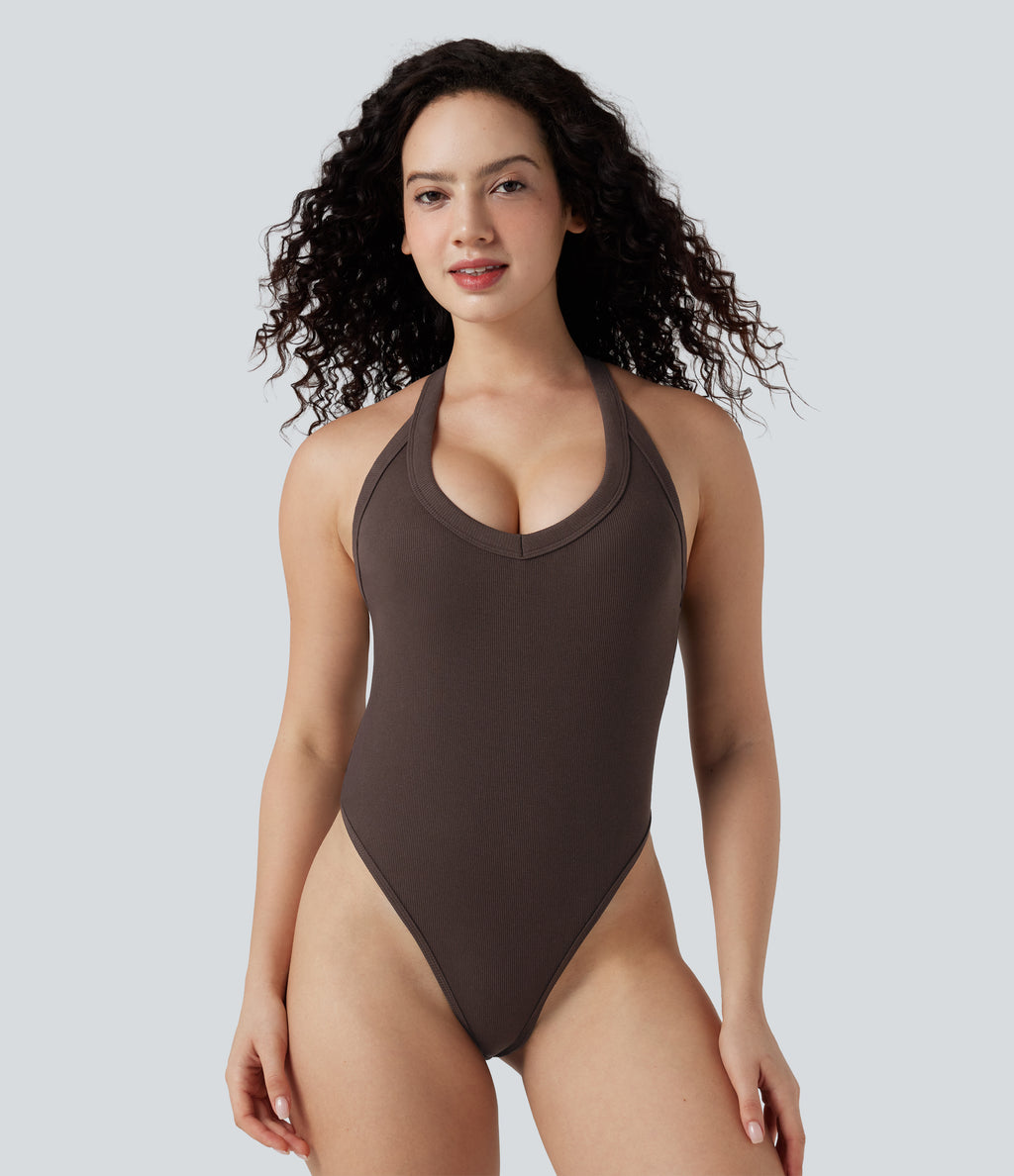 Ribbed Crisscross Back V-Neck Sleeveless Skinny Casual Bodysuit — Java — view 6