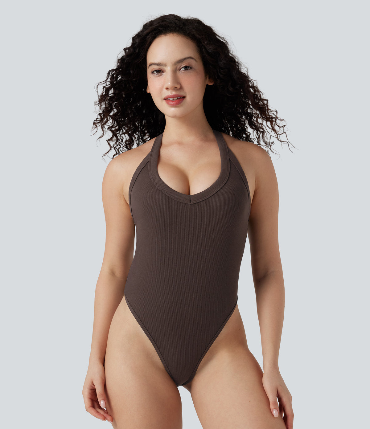 Ribbed Crisscross Back V-Neck Sleeveless Skinny Casual Bodysuit — Java — view 6