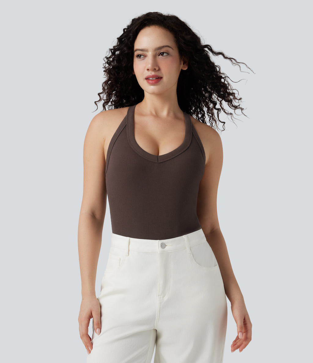 Ribbed Crisscross Back V-Neck Sleeveless Skinny Casual Bodysuit — Java — view 1