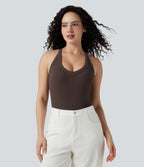 Ribbed Crisscross Back V-Neck Sleeveless Skinny Casual Bodysuit — Java — view 1