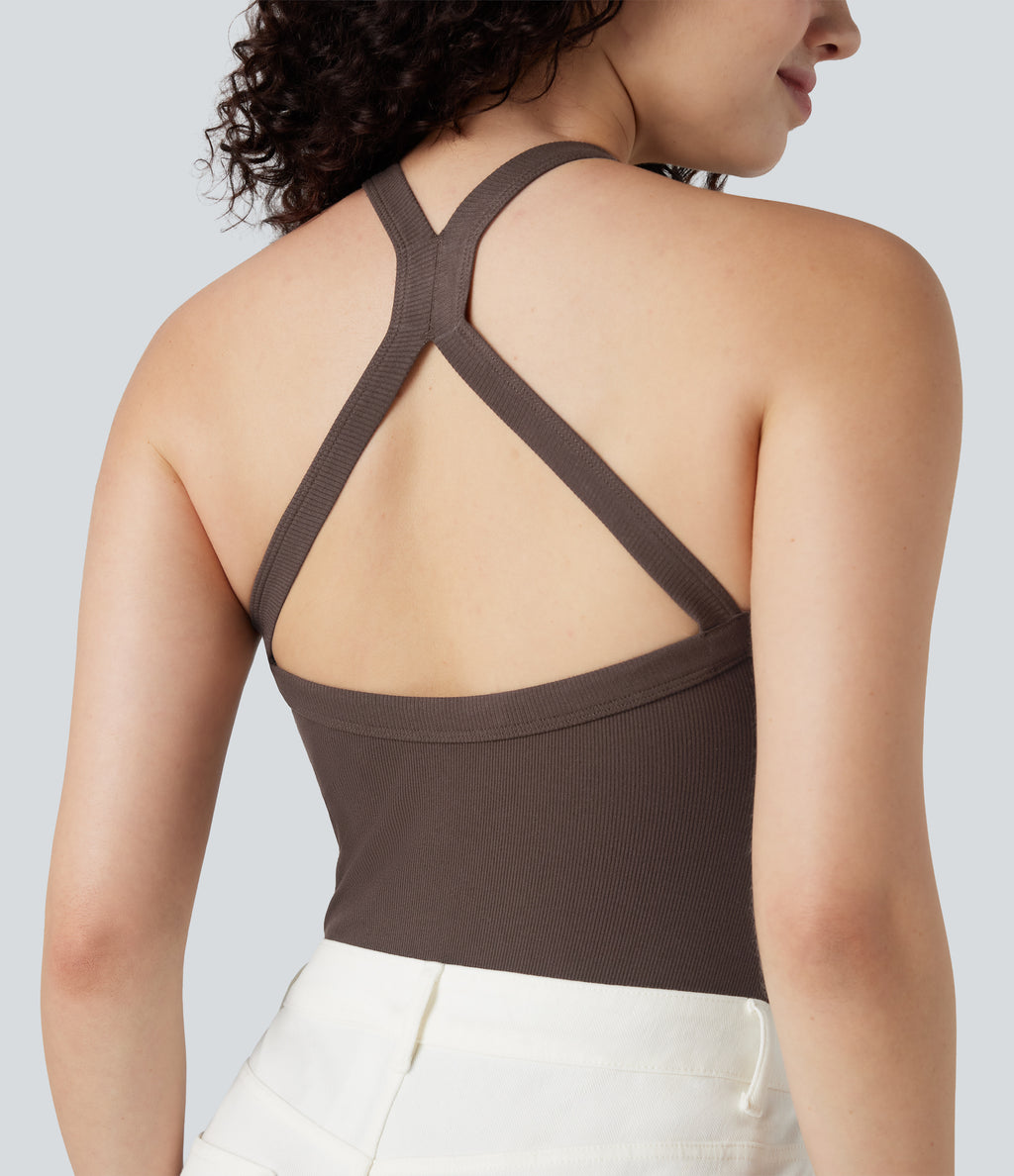 Ribbed Crisscross Back V-Neck Sleeveless Skinny Casual Bodysuit — Java — view 5