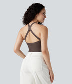 Ribbed Crisscross Back V-Neck Sleeveless Skinny Casual Bodysuit — Java — view 2
