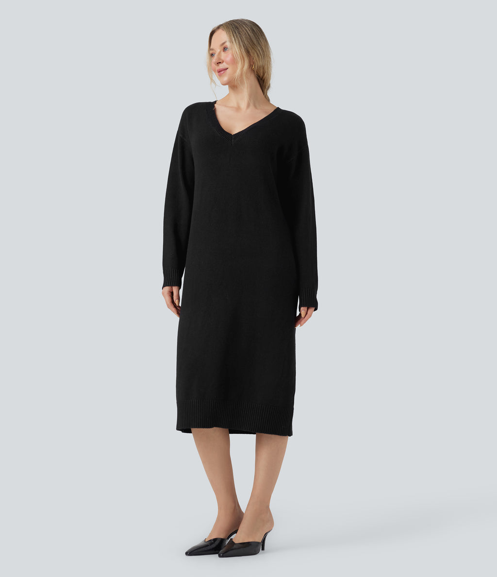 V-neck Long Sleeve Midi Wool-Blend Work Jumper Dress-Front and Back Wearable — Black — view 4