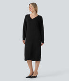 V-neck Long Sleeve Midi Wool-Blend Work Jumper Dress-Front and Back Wearable — Black — view 4