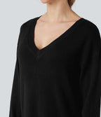 V-neck Long Sleeve Midi Wool-Blend Work Jumper Dress-Front and Back Wearable — Black — view 6
