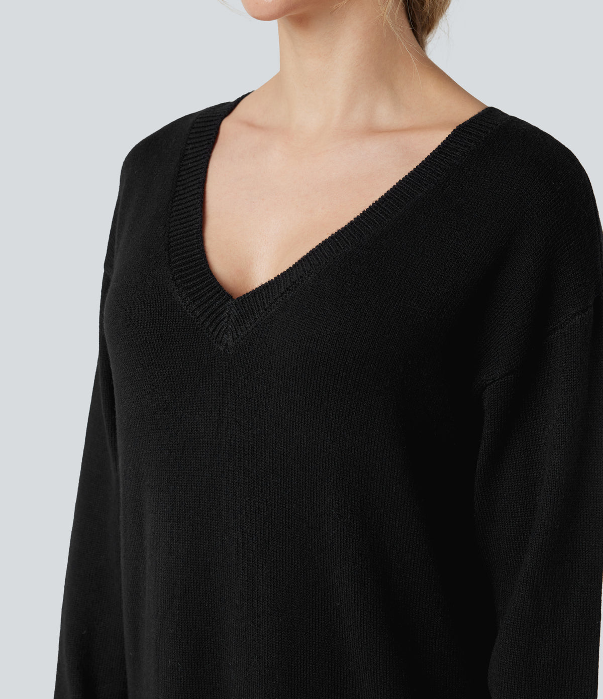 V-neck Long Sleeve Midi Wool-Blend Work Jumper Dress-Front and Back Wearable — Black — view 6