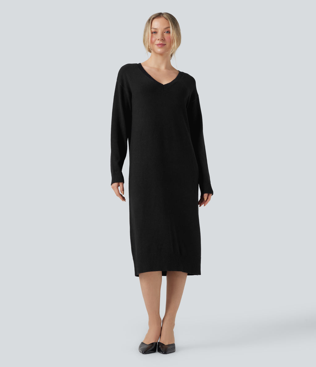 V-neck Long Sleeve Midi Wool-Blend Work Jumper Dress-Front and Back Wearable — Black — view 3
