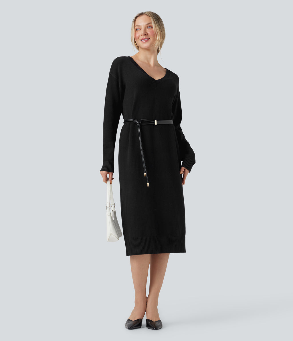 V-neck Long Sleeve Midi Wool-Blend Work Jumper Dress-Front and Back Wearable — Black — view 7