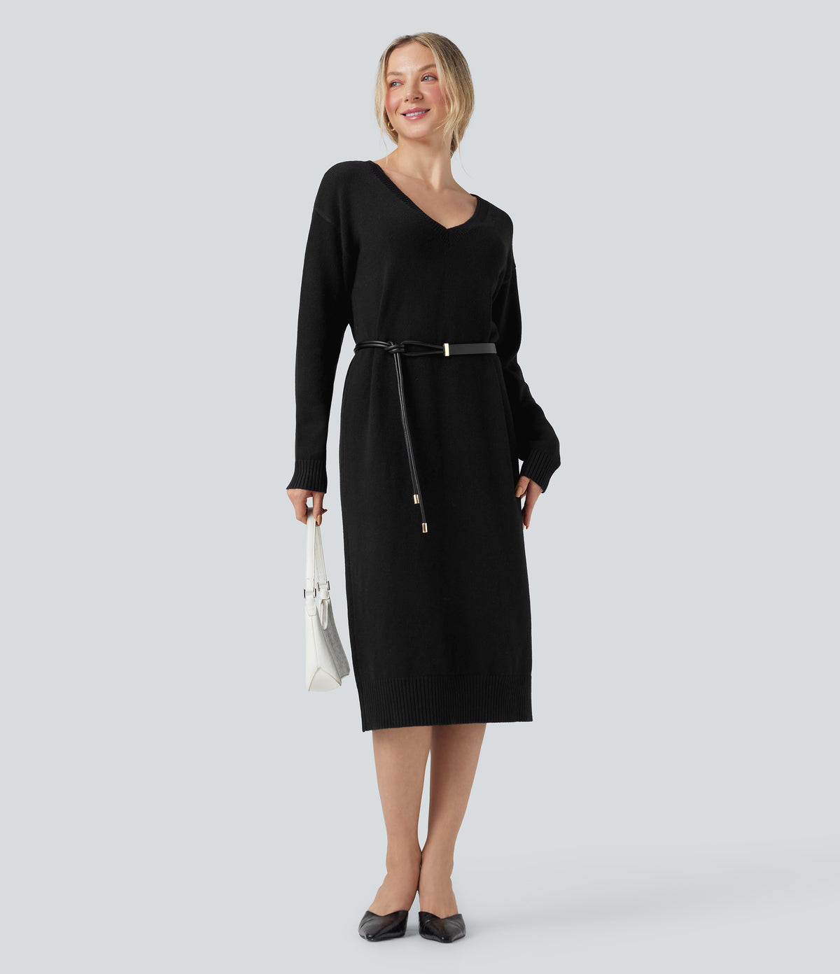 V-neck Long Sleeve Midi Wool-Blend Work Jumper Dress-Front and Back Wearable — Black — view 7