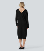 V-neck Long Sleeve Midi Wool-Blend Work Jumper Dress-Front and Back Wearable — Black — view 5