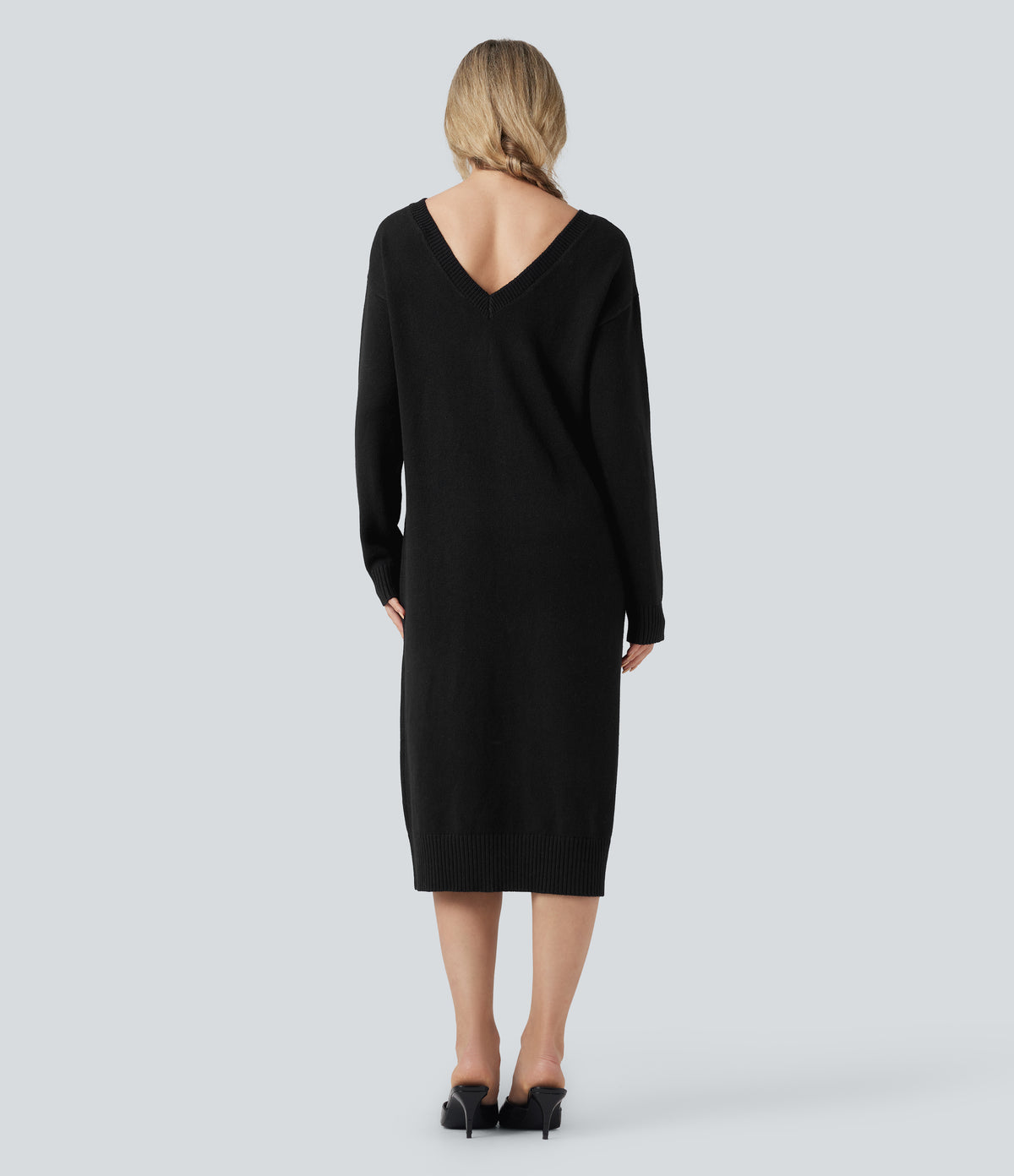 V-neck Long Sleeve Midi Wool-Blend Work Jumper Dress-Front and Back Wearable — Black — view 5