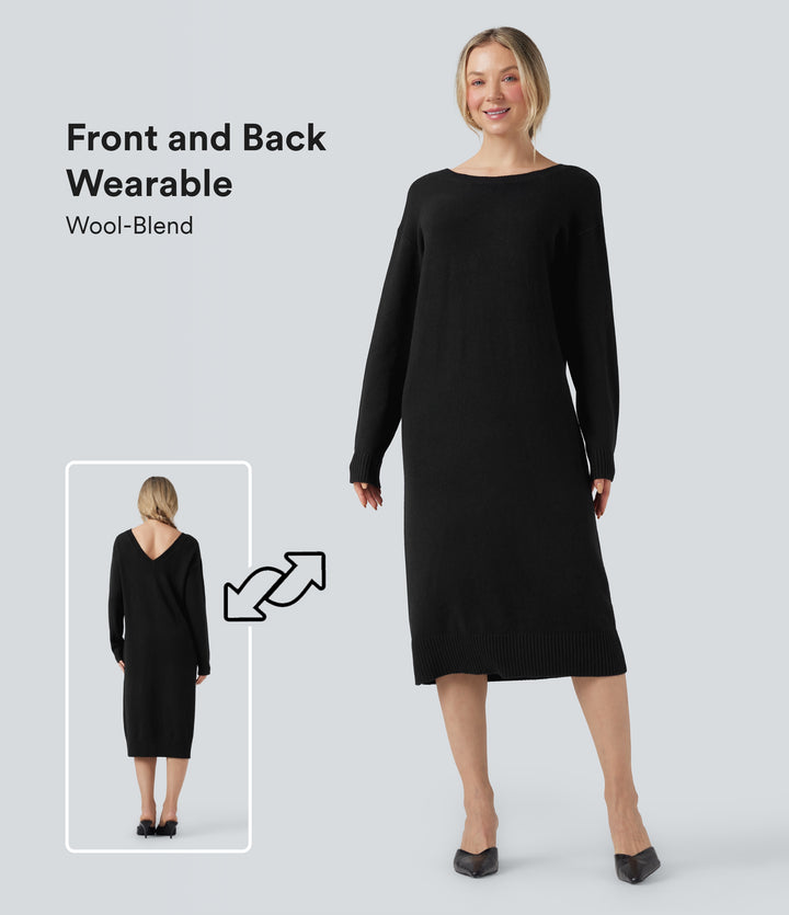 V-neck Long Sleeve Midi Wool-Blend Work Jumper Dress-Front and Back Wearable — Black — view 1