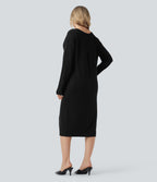 V-neck Long Sleeve Midi Wool-Blend Work Jumper Dress-Front and Back Wearable — Black — view 2