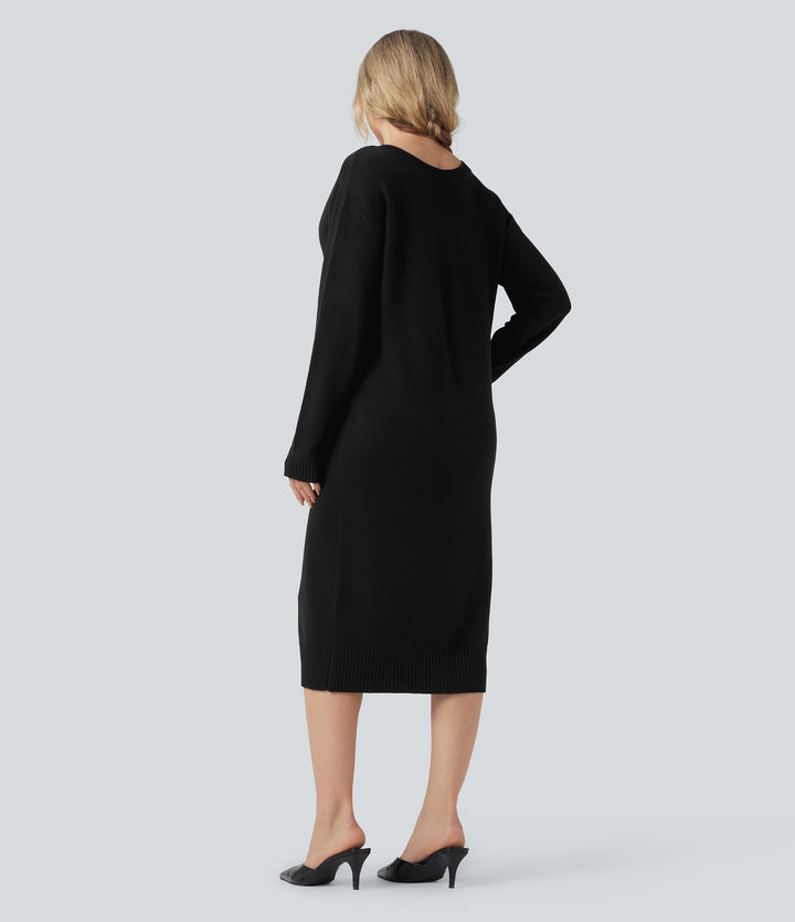 V-neck Long Sleeve Midi Wool-Blend Work Jumper Dress-Front and Back Wearable — Black — view 2