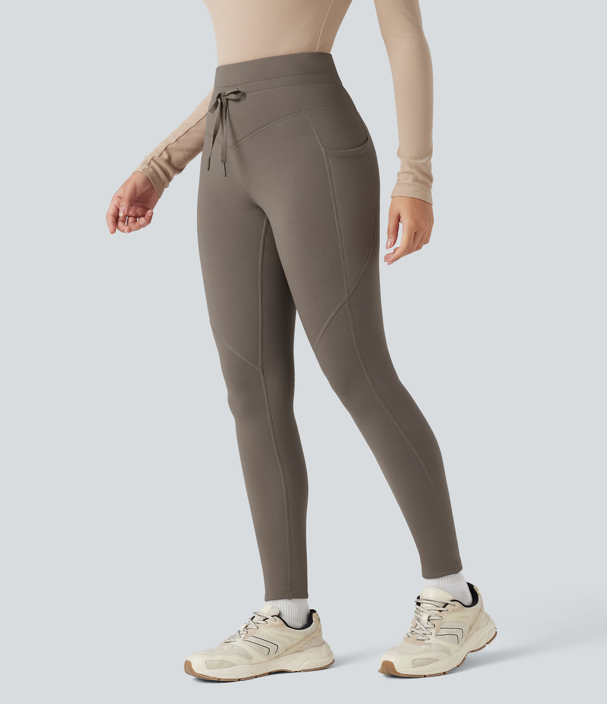 High Waisted Drawstring Fleece 7/8 Hiking Leggings with Pockets — Walnut — view 3