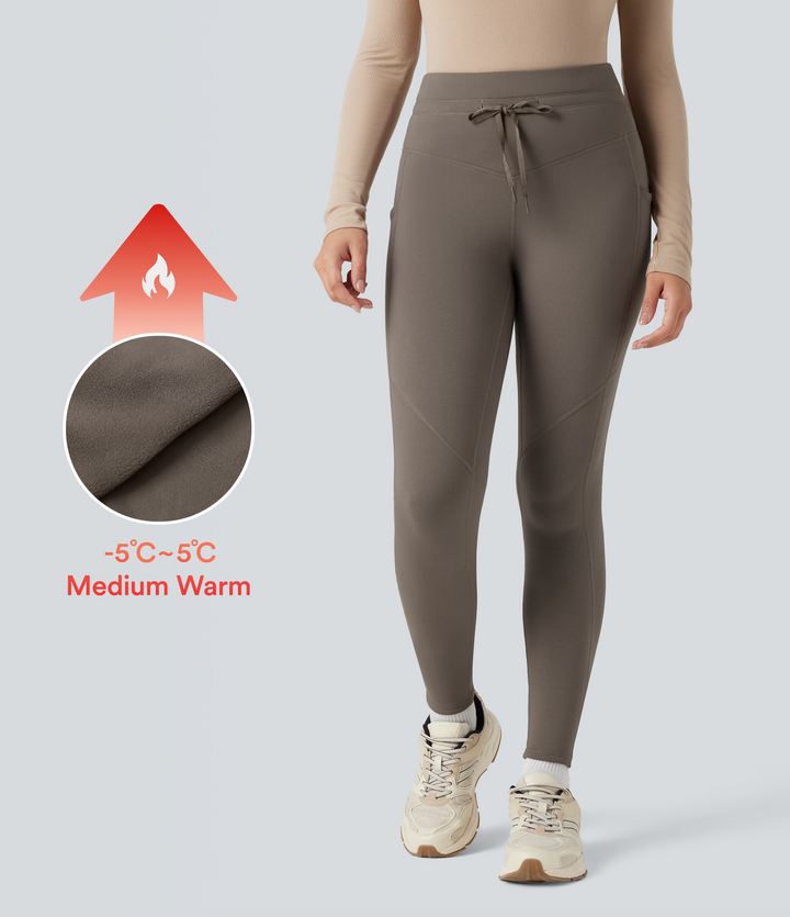 High Waisted Drawstring Fleece 7/8 Hiking Leggings with Pockets — Walnut — view 1