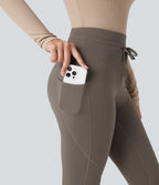 High Waisted Drawstring Fleece 7/8 Hiking Leggings with Pockets — Walnut — view 4