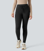 High Waisted Drawstring Fleece 7/8 Hiking Leggings with Pockets — Black — view 9