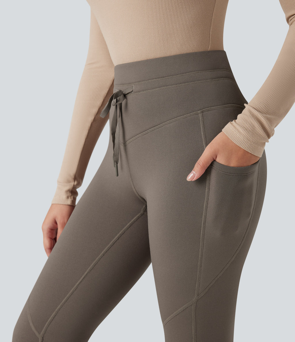 High Waisted Drawstring Fleece 7/8 Hiking Leggings with Pockets — Walnut — view 5