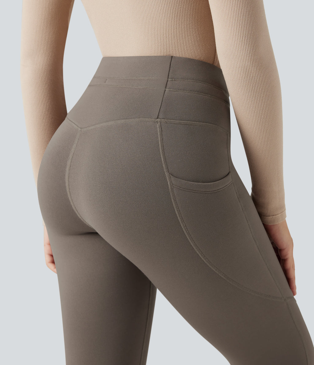 High Waisted Drawstring Fleece 7/8 Hiking Leggings with Pockets — Walnut — view 6