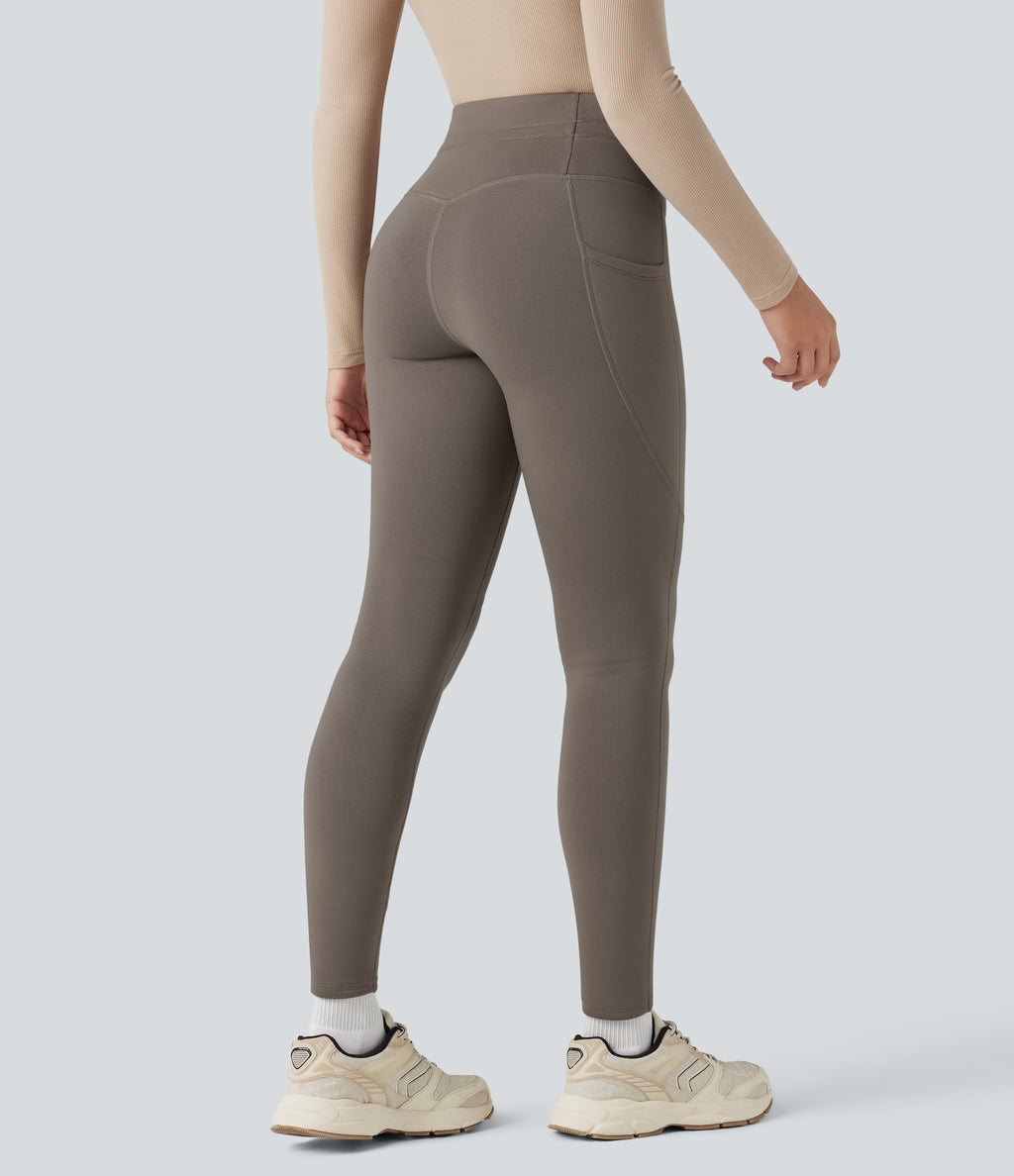 High Waisted Drawstring Fleece 7/8 Hiking Leggings with Pockets — Walnut — view 2