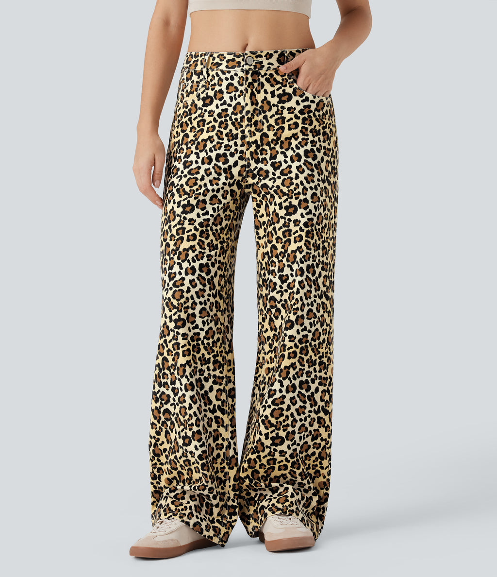 Mid Rise Leopard Casual Baggy Jeans with Pockets — Sand Leopard Denim — view 1