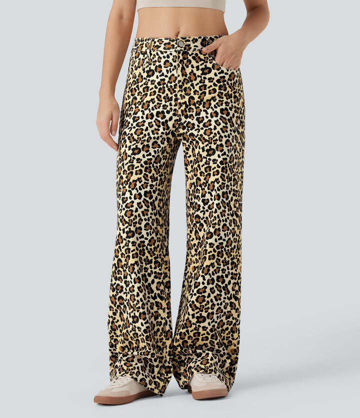 Mid Rise Leopard Casual Baggy Jeans with Pockets — Sand Leopard Denim — view 1