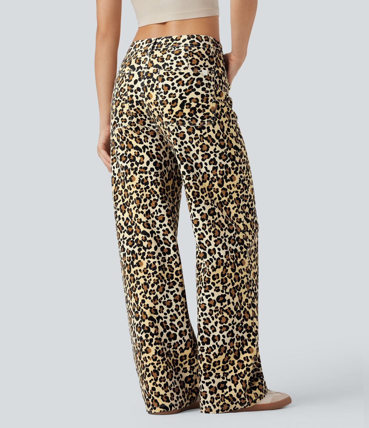 Mid Rise Leopard Casual Baggy Jeans with Pockets — Sand Leopard Denim — view 2