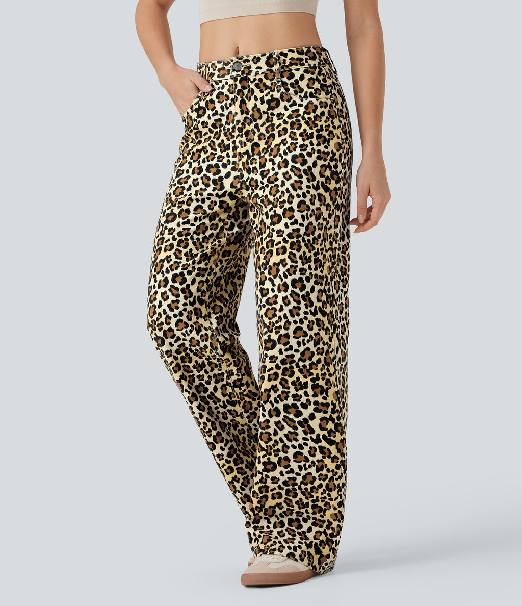 Mid Rise Leopard Casual Baggy Jeans with Pockets — Sand Leopard Denim — view 3
