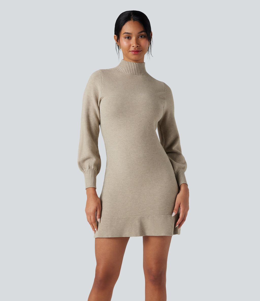 Mock-neck Long Sleeve Ruffle Hem Mini Work Jumper Dress — Almond Milk — view 1