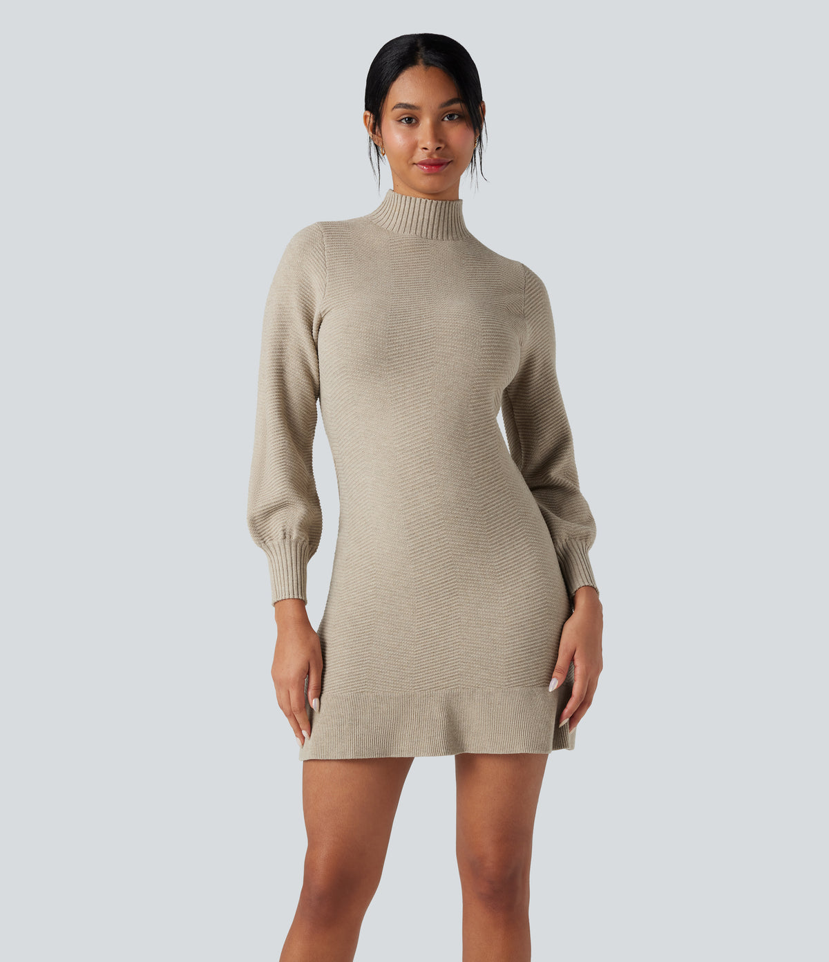 Mock-neck Long Sleeve Ruffle Hem Mini Work Jumper Dress — Almond Milk — view 1