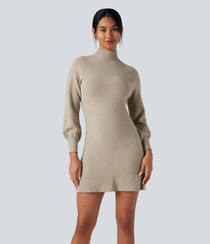 Mock-neck Long Sleeve Ruffle Hem Mini Work Jumper Dress — Almond Milk — view 1