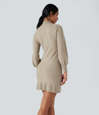 Mock-neck Long Sleeve Ruffle Hem Mini Work Jumper Dress — Almond Milk — view 2