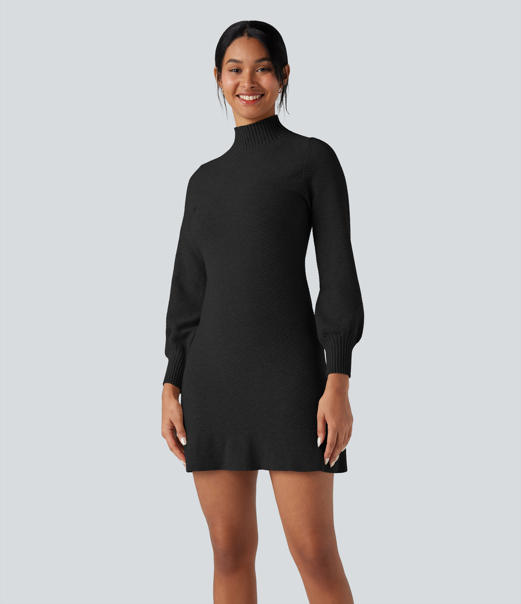 Mock-neck Long Sleeve Ruffle Hem Mini Work Jumper Dress — Black — view 6