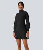 Mock-neck Long Sleeve Ruffle Hem Mini Work Jumper Dress — Black — view 6