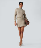 Mock-neck Long Sleeve Ruffle Hem Mini Work Jumper Dress — Almond Milk — view 5